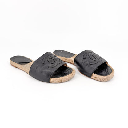 Chanel CC Espadrille Slide Sandals Black Size 38
