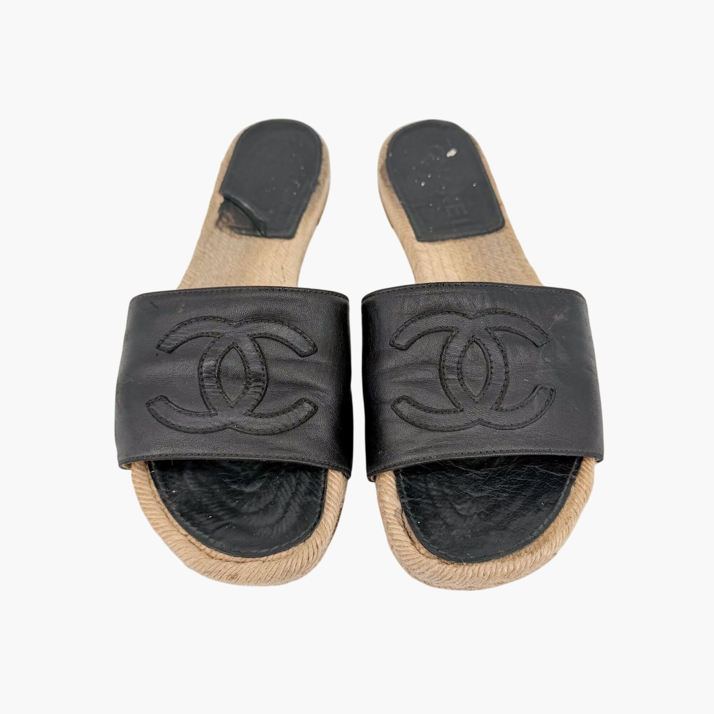 Chanel CC Espadrille Slide Sandals Black Size 38