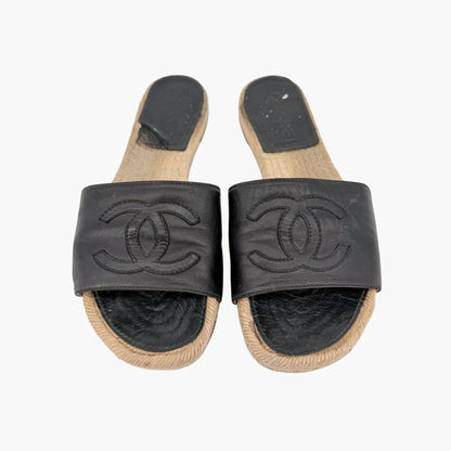 Chanel CC Espadrille Slide Sandals Black Size 38