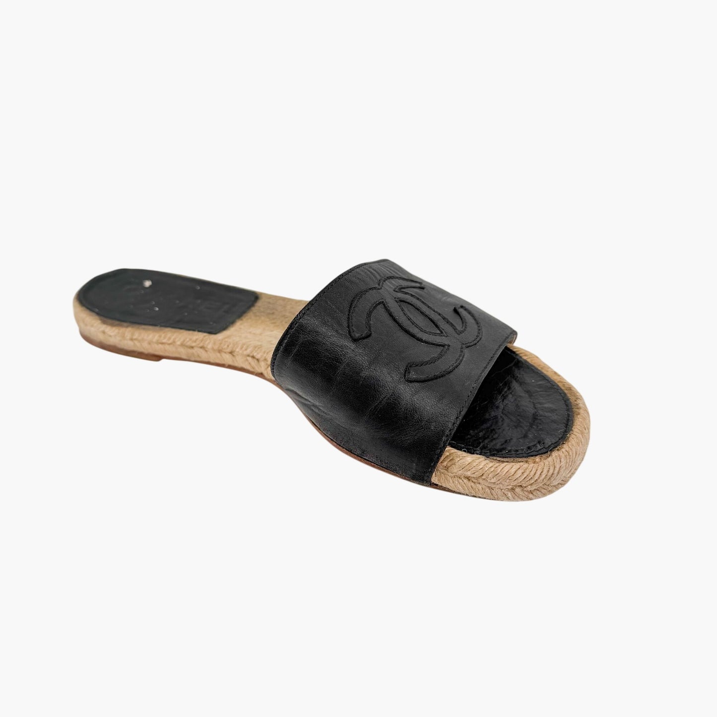 Chanel CC Espadrille Slide Sandals Black Size 38