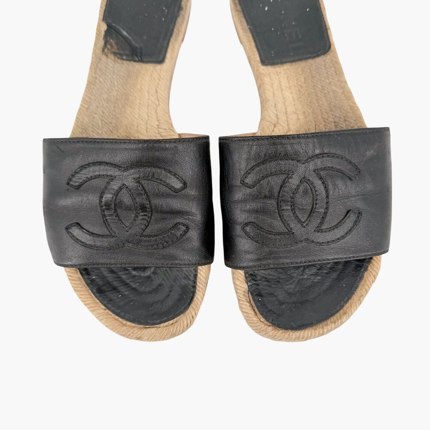 Chanel CC Espadrille Slide Sandals Black Size 38