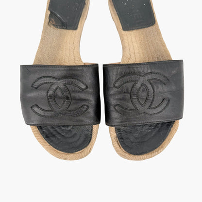 Chanel CC Espadrille Slide Sandals Black Size 38