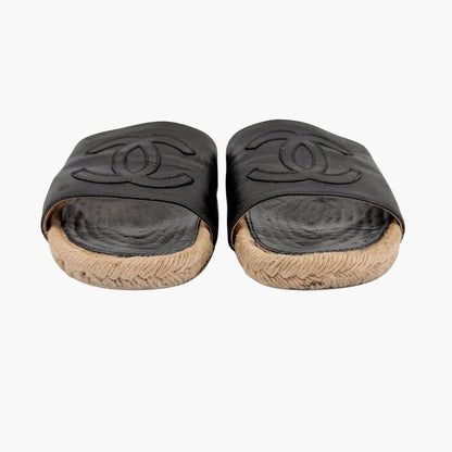 Chanel CC Espadrille Slide Sandals Black Size 38