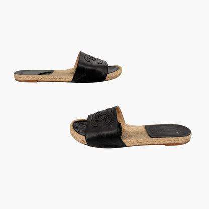 Chanel CC Espadrille Slide Sandals Black Size 38