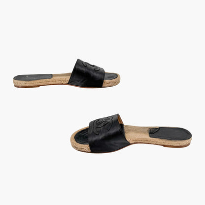 Chanel CC Espadrille Slide Sandals Black Size 38