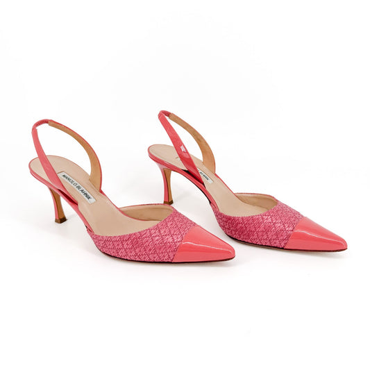Manolo Blahnik Carolyne Slingback Pumps in Pink Rattan & Patent Size 40.5