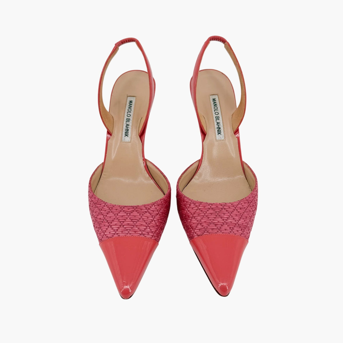 Manolo Blahnik Carolyne Slingback Pumps in Pink Rattan & Patent Size 40.5
