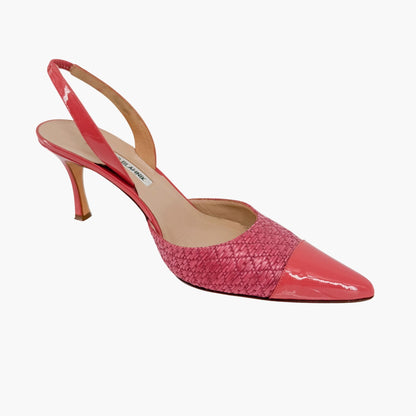 Manolo Blahnik Carolyne Slingback Pumps in Pink Rattan & Patent Size 40.5