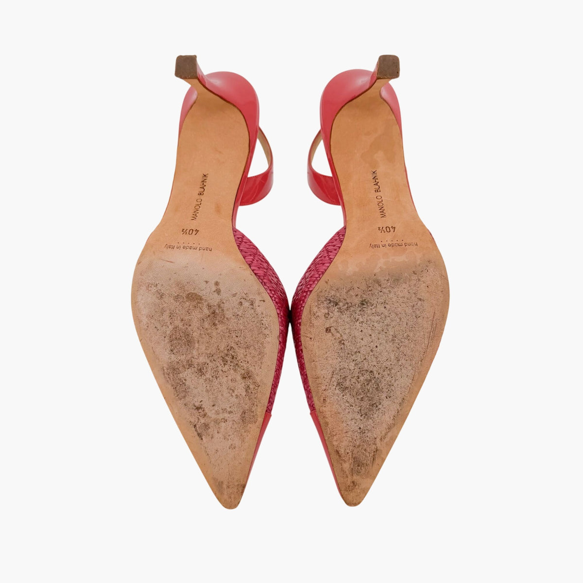 Manolo Blahnik Carolyne Slingback Pumps in Pink Rattan & Patent Size 40.5