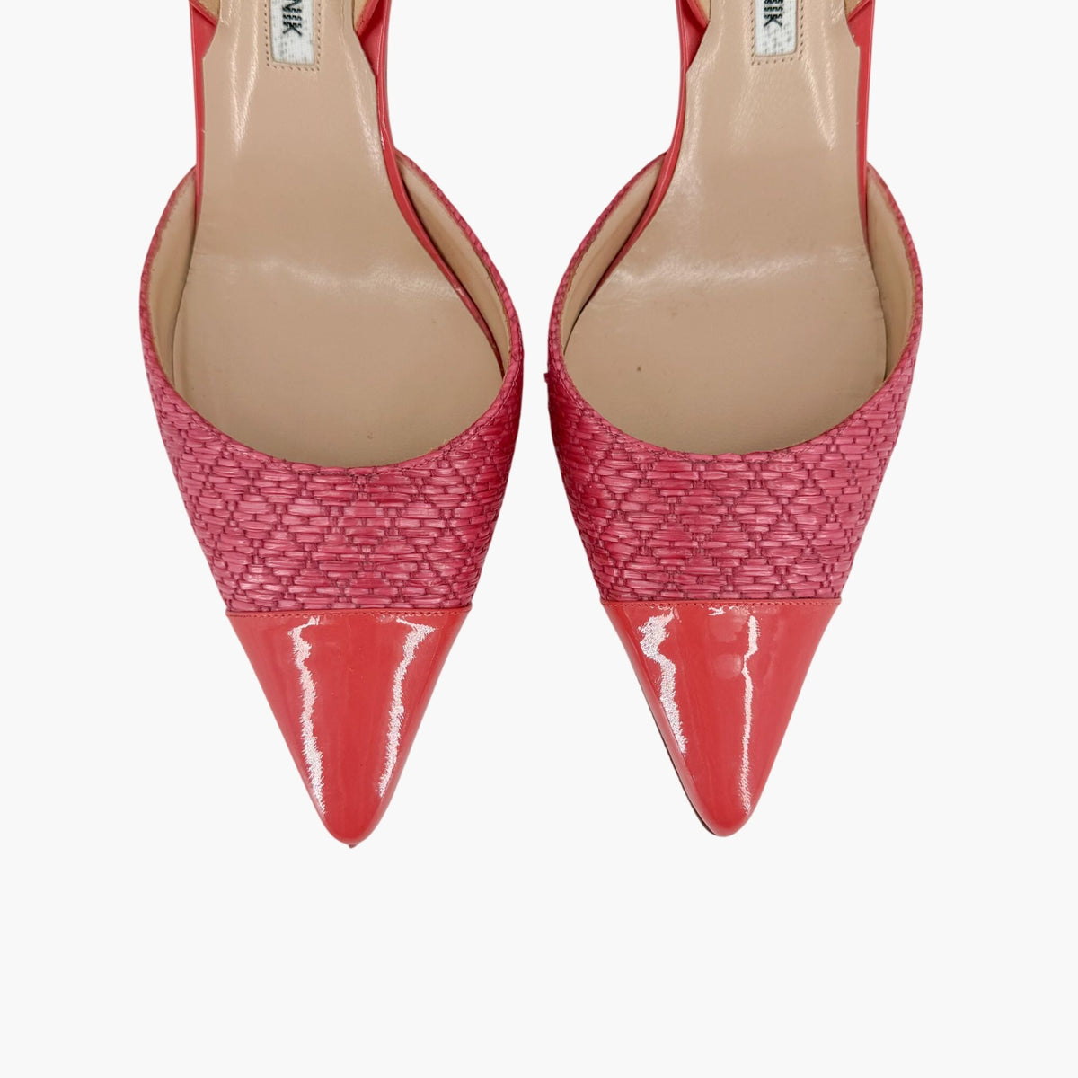Manolo Blahnik Carolyne Slingback Pumps in Pink Rattan & Patent Size 40.5
