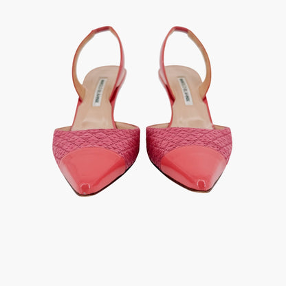 Manolo Blahnik Carolyne Slingback Pumps in Pink Rattan & Patent Size 40.5