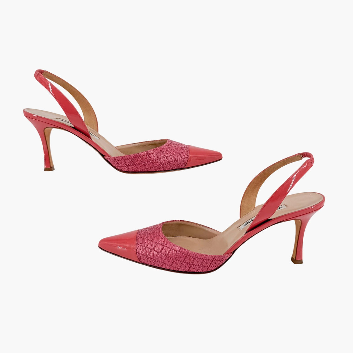 Manolo Blahnik Carolyne Slingback Pumps in Pink Rattan & Patent Size 40.5
