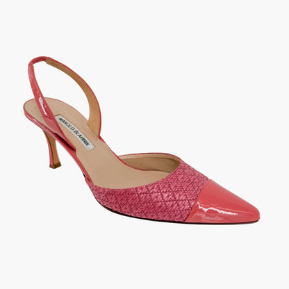 Manolo Blahnik Carolyne Slingback Pumps in Pink Rattan & Patent Size 40.5