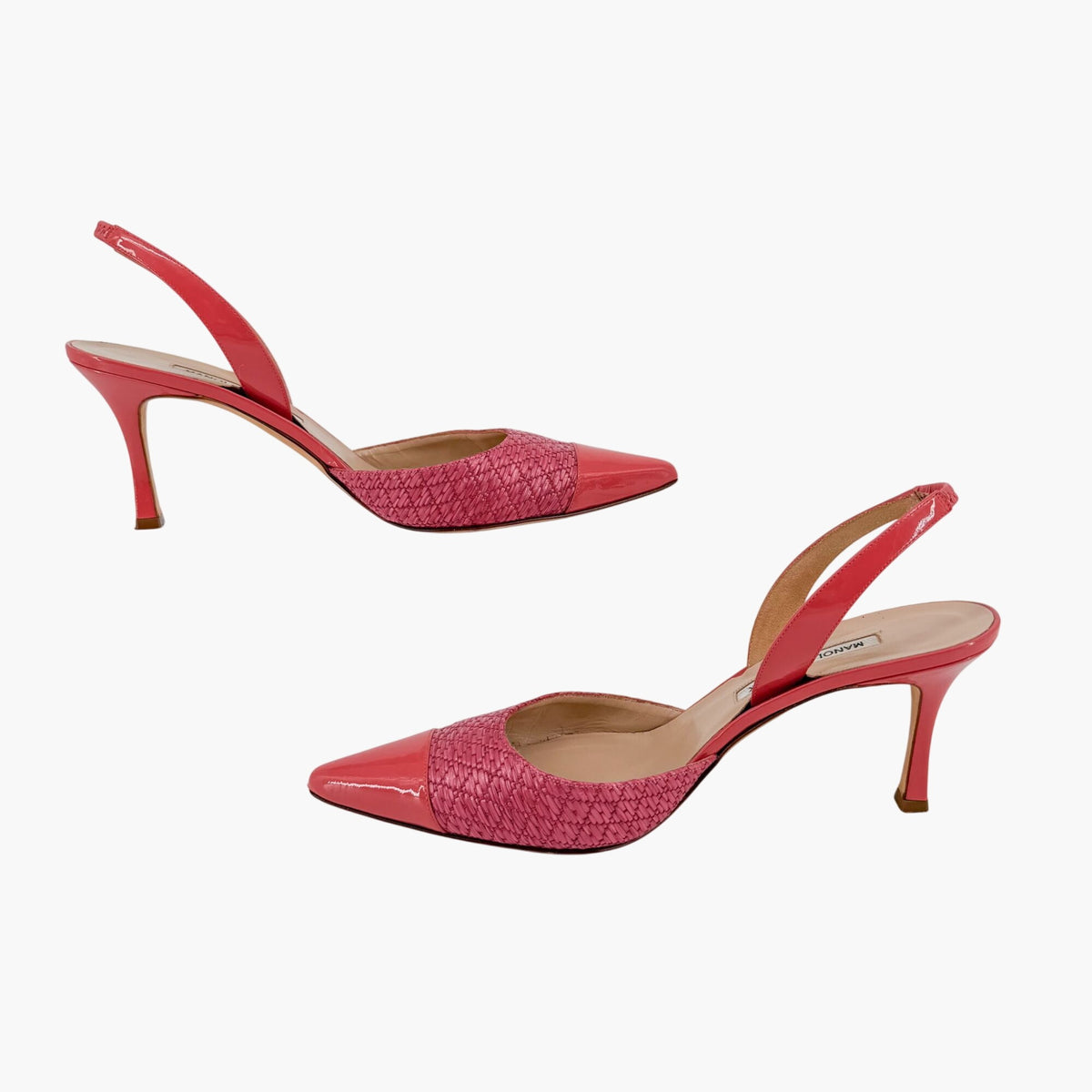 Manolo Blahnik Carolyne Slingback Pumps in Pink Rattan & Patent Size 40.5