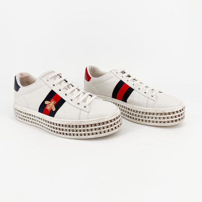 Gucci Ace Crystal Platform Sneakers in White Leather Size 37