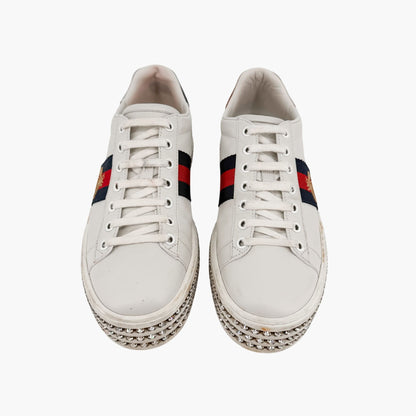 Gucci Ace Crystal Platform Sneakers in White Leather Size 37