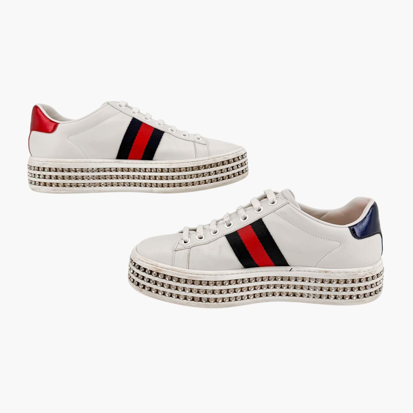 Gucci Ace Crystal Platform Sneakers in White Leather Size 37