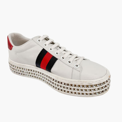 Gucci Ace Crystal Platform Sneakers in White Leather Size 37