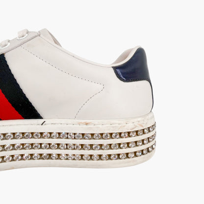 Gucci Ace Crystal Platform Sneakers in White Leather Size 37