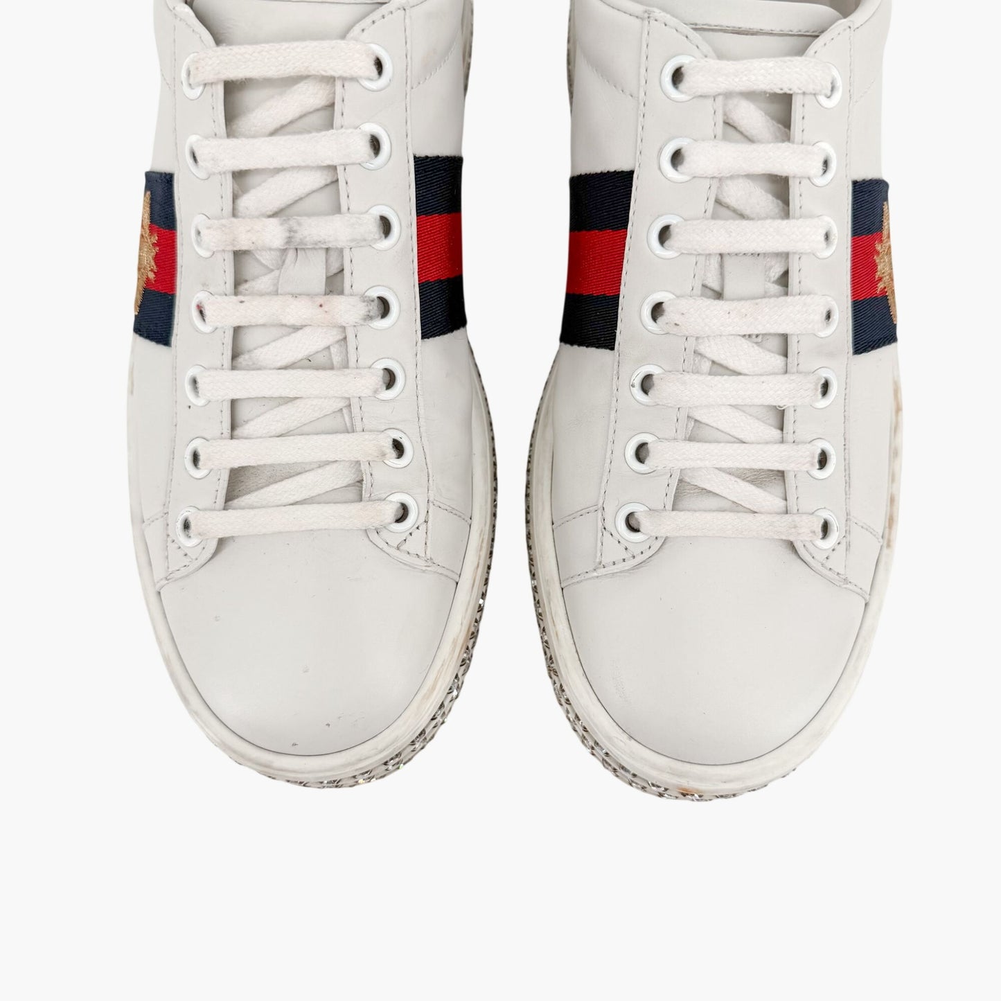 Gucci Ace Crystal Platform Sneakers in White Leather Size 37