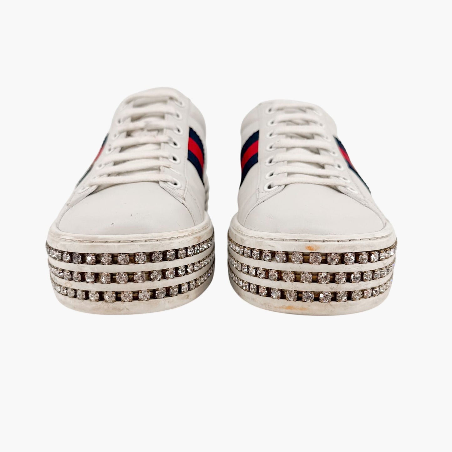 Gucci Ace Crystal Platform Sneakers in White Leather Size 37