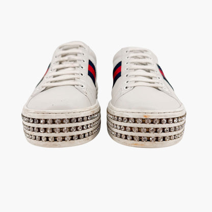 Gucci Ace Crystal Platform Sneakers in White Leather Size 37