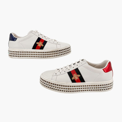 Gucci Ace Crystal Platform Sneakers in White Leather Size 37