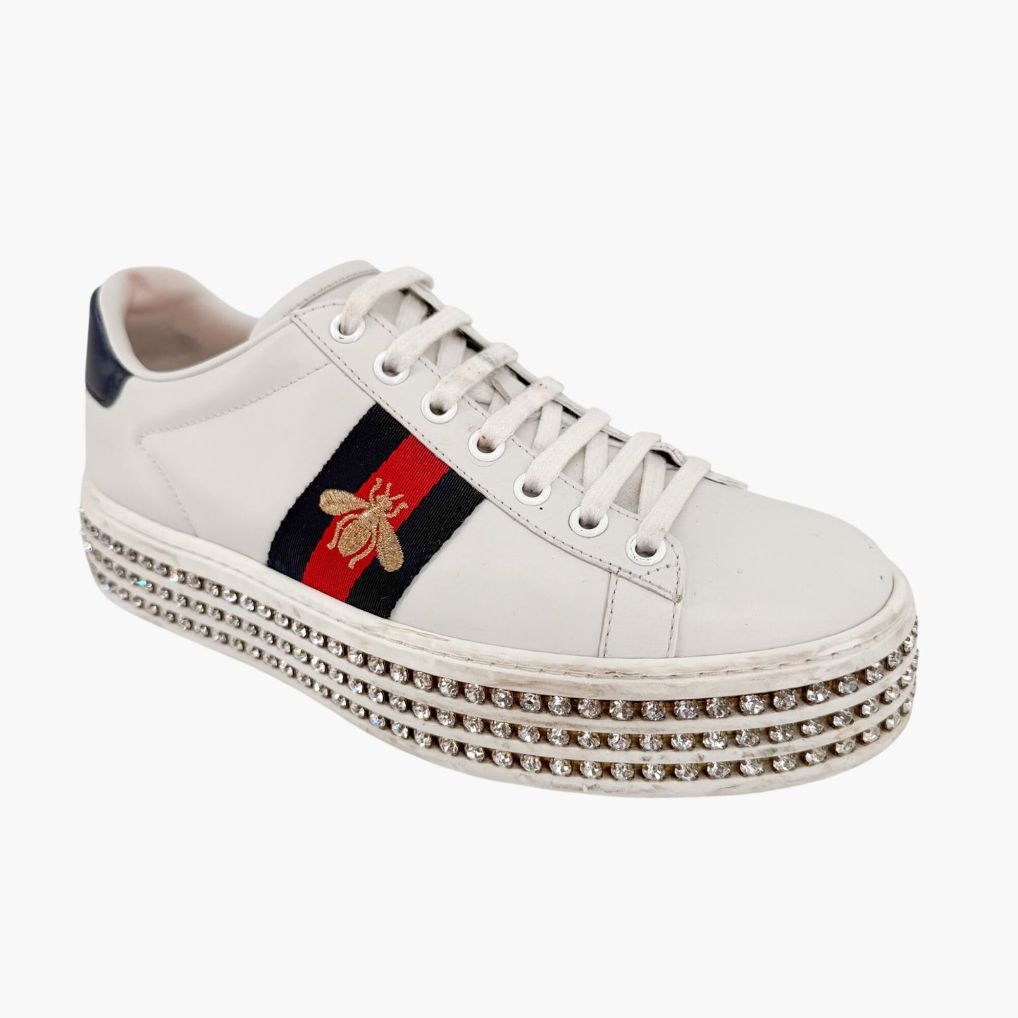 Gucci Ace Crystal Platform Sneakers in White Leather Size 37