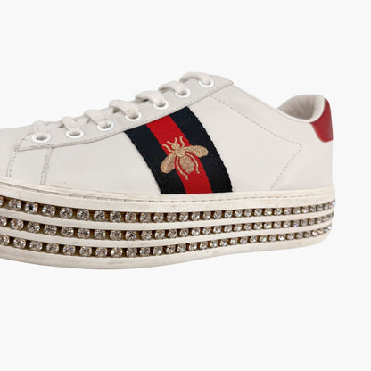 Gucci Ace Crystal Platform Sneakers in White Leather Size 37