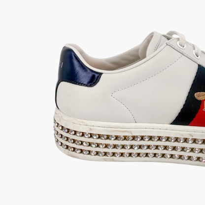 Gucci Ace Crystal Platform Sneakers in White Leather Size 37