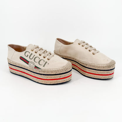 Gucci Lilibeth Platform Logo Espadrille Sneakers in Beige Canvas Size 38