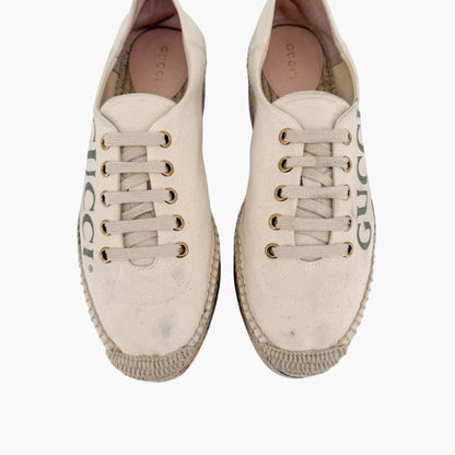 Gucci Lilibeth Platform Logo Espadrille Sneakers in Beige Canvas Size 38