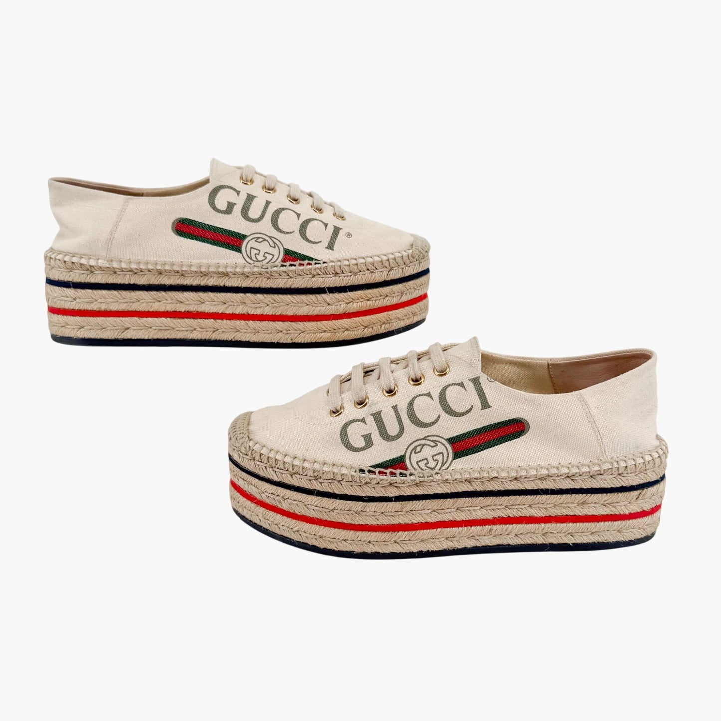 Gucci Lilibeth Platform Logo Espadrille Sneakers in Beige Canvas Size 38