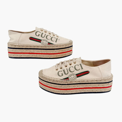 Gucci Lilibeth Platform Logo Espadrille Sneakers in Beige Canvas Size 38