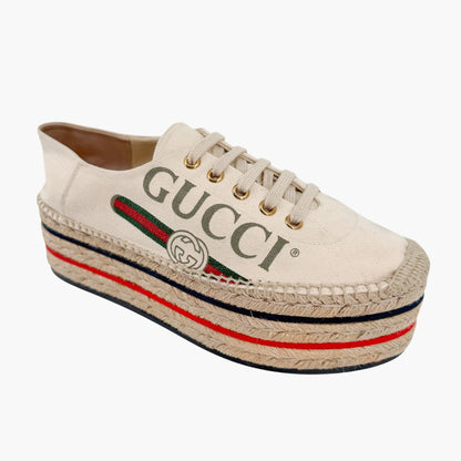 Gucci Lilibeth Platform Logo Espadrille Sneakers in Beige Canvas Size 38