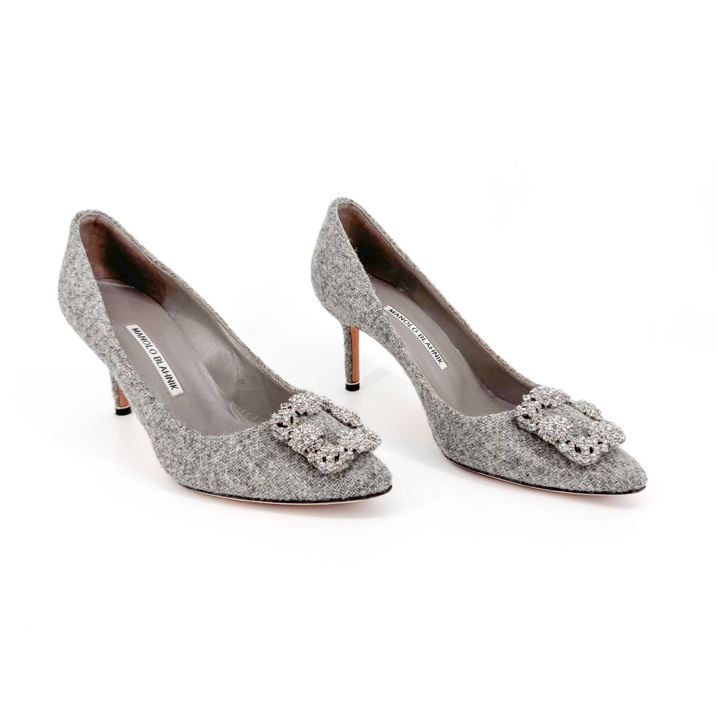 Manolo Blahnik Hangisi 70mm Crystal-Embellished Pumps in Gray Wool Tweed Size 39