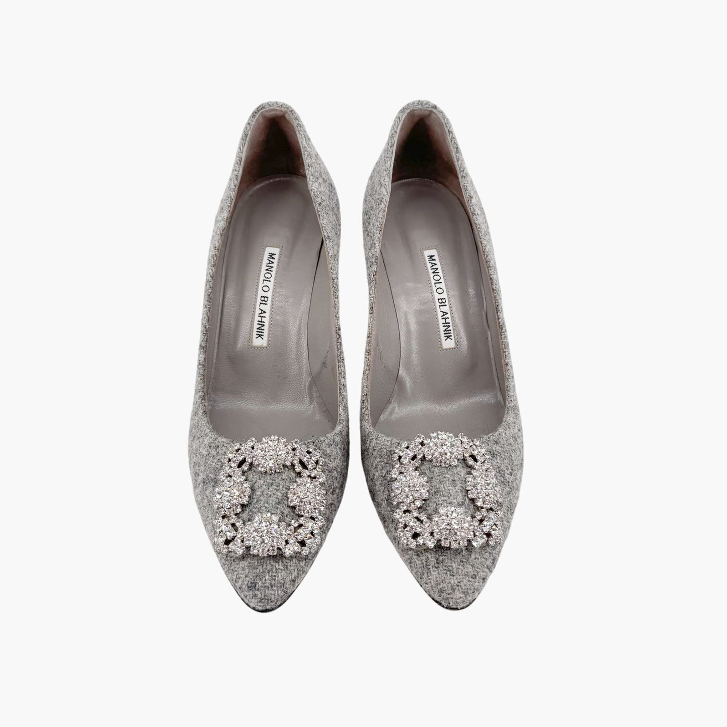 Manolo Blahnik Hangisi 70mm Crystal-Embellished Pumps in Gray Wool Tweed Size 39