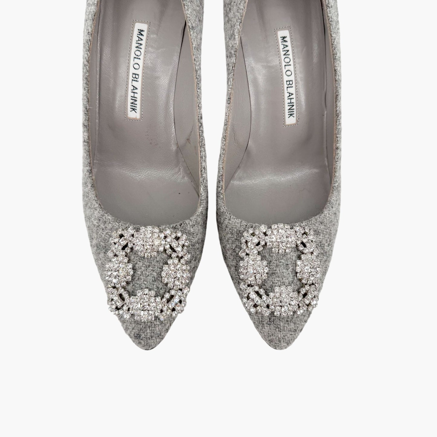 Manolo Blahnik Hangisi 70mm Crystal-Embellished Pumps in Gray Wool Tweed Size 39