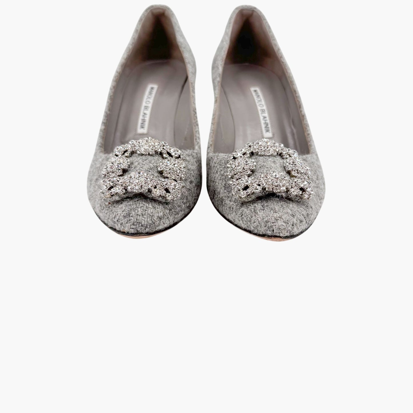 Manolo Blahnik Hangisi 70mm Crystal-Embellished Pumps in Gray Wool Tweed Size 39