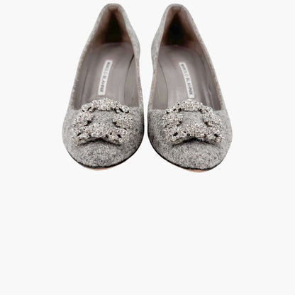 Manolo Blahnik Hangisi 70mm Crystal-Embellished Pumps in Gray Wool Tweed Size 39