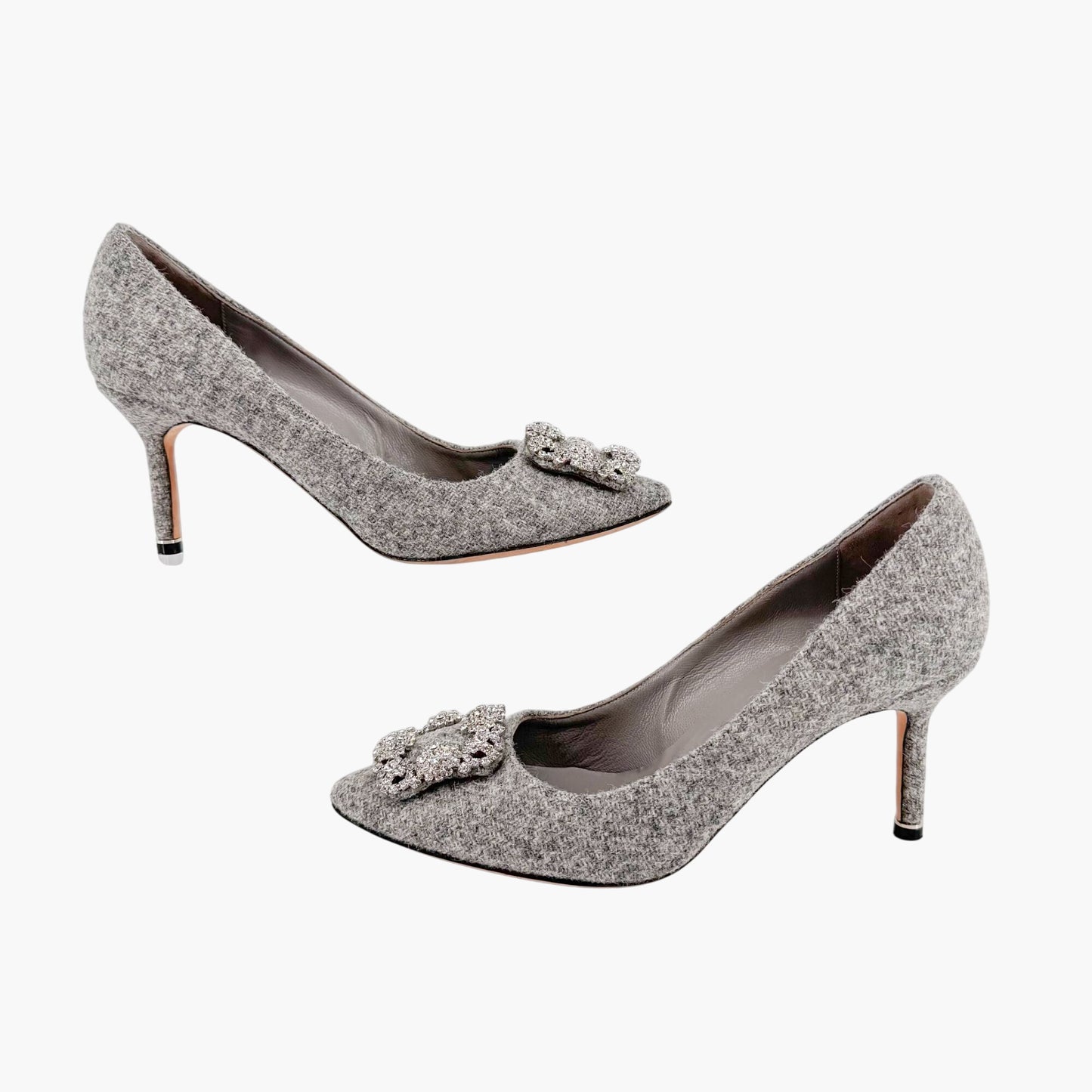 Manolo Blahnik Hangisi 70mm Crystal-Embellished Pumps in Gray Wool Tweed Size 39
