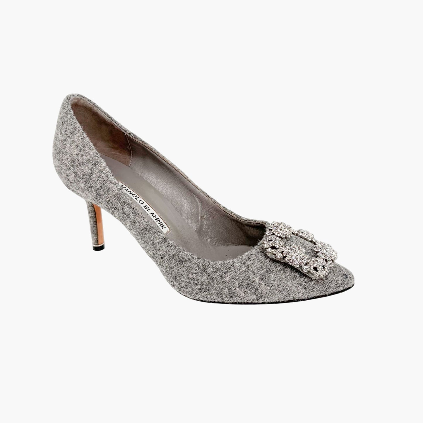 Manolo Blahnik Hangisi 70mm Crystal-Embellished Pumps in Gray Wool Tweed Size 39