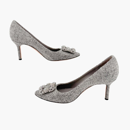 Manolo Blahnik Hangisi 70mm Crystal-Embellished Pumps in Gray Wool Tweed Size 39