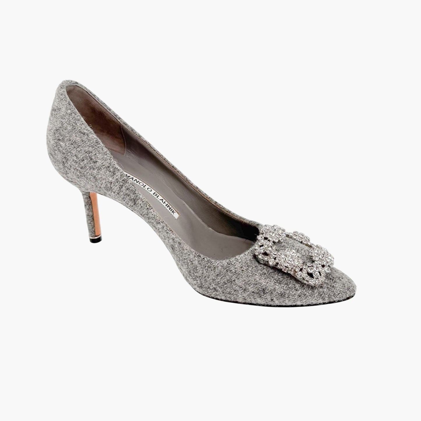 Manolo Blahnik Hangisi 70mm Crystal-Embellished Pumps in Gray Wool Tweed Size 39