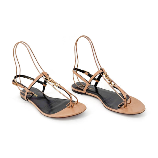 Saint Laurent Cassandra YSL Logo T-Strap Flat Sandals in Tan Leather – Size 37