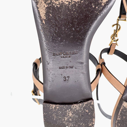 Saint Laurent Cassandra YSL Logo T-Strap Flat Sandals in Tan Leather – Size 37