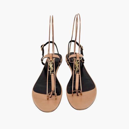 Saint Laurent Cassandra YSL Logo T-Strap Flat Sandals in Tan Leather – Size 37