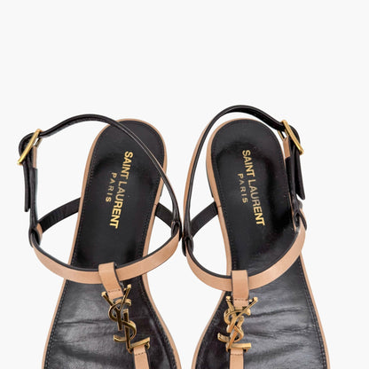 Saint Laurent Cassandra YSL Logo T-Strap Flat Sandals in Tan Leather – Size 37