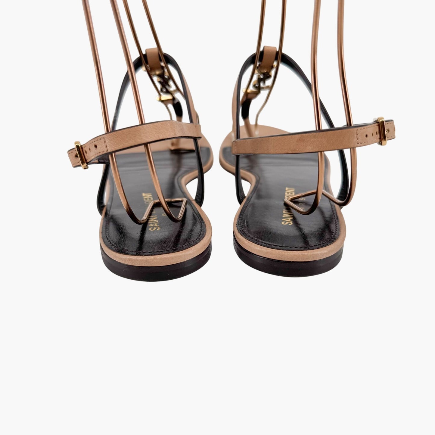 Saint Laurent Cassandra YSL Logo T-Strap Flat Sandals in Tan Leather – Size 37