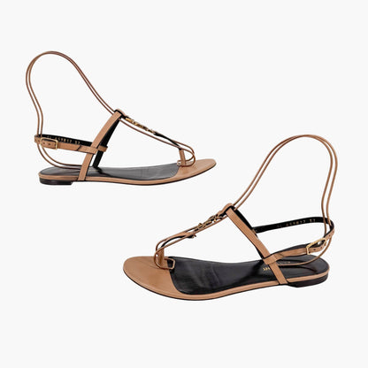 Saint Laurent Cassandra YSL Logo T-Strap Flat Sandals in Tan Leather – Size 37